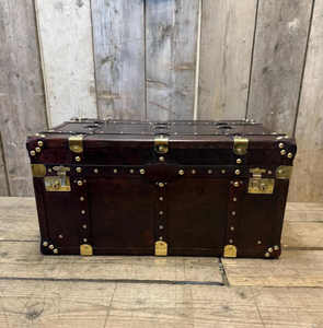 Vintage Leather Wooden Storage Trunk Antique Travel Chest <b>Coffee</b> <b>Table</b> <b>Box</b> with Brass Locks and Metal Studs Furniture - Product Image 1