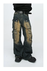 LEDUO Jeans en denim slim fit pour homme, tricotés, délavés, coupe droite, style streetwear, baggy - Product Image 2