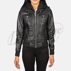 Premium Women Black Real Leather Hooded <b>Bomber</b> <b>Jacket</b> Slim Fit Removable Hoodie Sheepskin Biker <b>Jacket</b> Multi Pocket Coat - Product Image 4