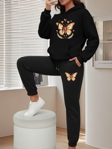 Ensemble de survêtement pour femmes avec sweat-shirt à imprimé papillon noir, poches, vêtements décontractés d'automne, manches longues, tricot en coton - Product Image 4