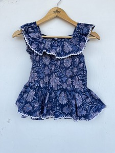 Blusa Bohemia de Punto a Rayas Azul Marino para Mujer con Cuello Redondo, Mangas Abullonadas, Cintura Fruncida y Dobladillo Peplum con Cinturón - Product Image 2