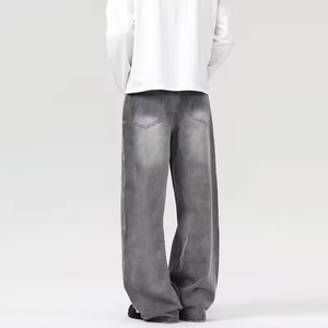 Factory Customization Men's Loose <b>Plain</b>-color Custom-logo Jeans, Retro Style, <b>Large</b> Size Denim Pants - Product Image 6