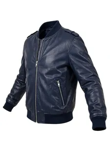 Chaqueta Bomber de Cuero Genuino Azul Marino para Hombre, con Cierre, Cuello Alto, Resistente al Viento, Estilo Casual - Product Image 2