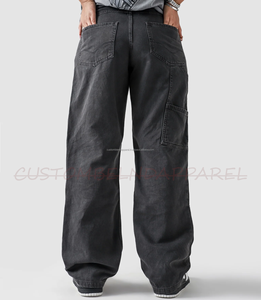 100% Cotton Acid Washed <b>Baggy</b> Cargo Denim Pants Vintage Unisex Sunfaded Streetwear Trendy Wide Leg Bottoms - Product Image 6
