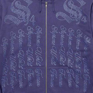 Sweat à capuche zippé tendance pour homme, violet, avec strass, en coton épais, orné de cristaux scintillants, style streetwear Y2K, graphique, coupe oversize - Product Image 5