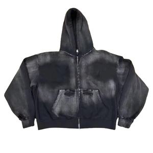 Custom Logo Patch Embroidery Distressed <b>Zip</b>-<b>Up</b> Acid Wash <b>Hoodie</b> 100% Cotton French Terry Solid Pattern Loose Fit <b>Cropped</b> - Product Image 1