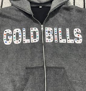 Custom Acid Washed Rhinestone Zip Up <b>Hoodie</b> <b>Large</b> Letter Applique Embroidery Sleeve Patch Streetwear Sweatshirt - Product Image 2