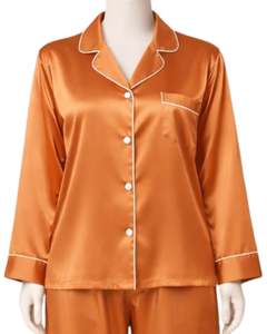 Conjunto de Pijama de Satén Naranja Personalizado para Mujer, Manga Larga, con Botones, Estilo Seda, Ropa de Dormir de Dos Piezas, Conjunto Cómodo para Estar en Casa - Product Image 2