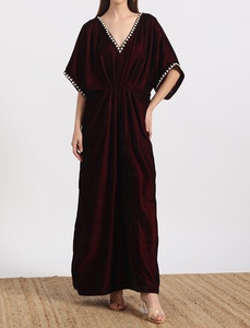 Beautiful Dubai <b>Kaftan</b> Women's Maroon Velvet With Pearl Trim V Neck Floor Length Loose Fit Modest Dress Three Quarter Sleeves - Product Image 4