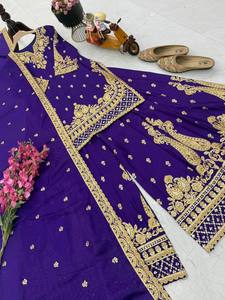 ชุดเดรสชาราร่าปักลายสีม่วงสำหรับผู้หญิง เสื้อผ้าชาติพันธุ์ปากีสถาน สำหรับงานปาร์ตี้และงานเทศกาล - Product Image 4