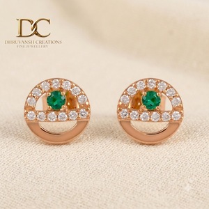 Boucles d'oreilles clous en or rose massif 14 carats certifiées IGI avec diamant de laboratoire et émeraude colombienne pour femme, bijoux à taille brillante ronde - Product Image 2