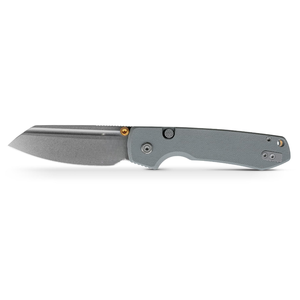 Navajas Plegables con Mango Texturizado Gris, Hoja Estilo Cuchillo de Carnicero con Acabado Stonewashed, Perno Dorado y Bloqueo de Botón para Uso en Exteriores - Product Image 1