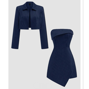 Conjunto de Blazer Corto y Minivestido sin Tirantes con Rayas Finas Azul Marino, Conjunto Coordinado de 2 Piezas con Rayas Finas, Minivestido Cruzado con Rayas Finas para Ejecutivas - Product Image 1