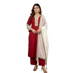 Ensemble Salwar Kameez Kurta Palazzo en soie romaine brodée à motifs floraux pour femmes IPPAI, tenue de soirée formelle d'été, séchage rapide, protection solaire - Product Image 4