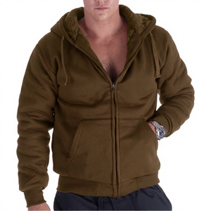 Sweat-shirt à capuche zippé pour homme, couleur unie, polaire, décontracté, coupe classique, 100% coton, respirant, tricoté, manches longues - Product Image 6