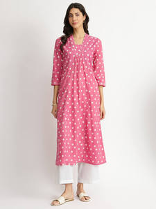 Robe maxi asymétrique rose à pois avec manches trois quarts, col rond, coupe ample, tenue décontractée d'été, tissu en mousseline de soie tissée - Product Image 1