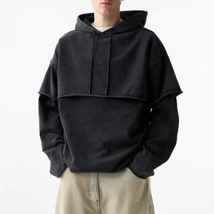 Sweat à capuche vintage brodé 430g pour l'hiver, streetwear épais en tissu molletonné 100% coton, manches double épaisseur - Product Image 5