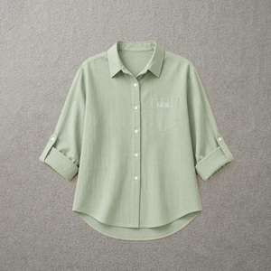 Camisa de algodón con botones, color sólido, para mujer, cuello vuelto, manga tres cuartos, corte holgado, informal, para uso diario, personalizada - Product Image 3
