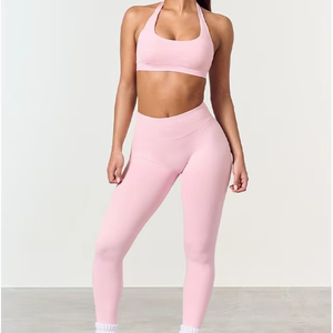 Leggings al por mayor de la misma marca con logo frontal, conjunto de yoga para mujer, cintura alta, antibacteriano, transpirable, ropa deportiva para entrenamiento, pilates, gimnasio - Product Image 2