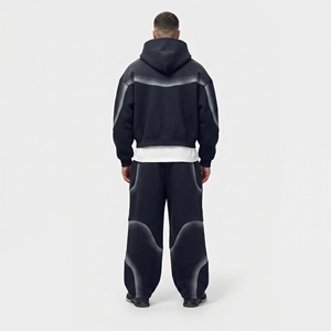 Ensemble de survêtement noir surdimensionné pour homme avec veste à capuche zippée à empiècements gris dégradés et pantalon de survêtement à jambes larges - Product Image 3