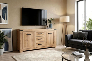 Buffet moderne de luxe rustique en bois massif avec poignées métalliques, meuble de rangement de style ferme moderne pour chambre et salle à manger - Product Image 5