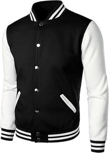 Blousons universitaires pour hommes de haute qualité, légers, à col montant, en laine d'hiver, avec manches en cuir, design optimal, devant en tissu uni - Product Image 4