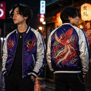 Chaqueta Bomber Sukajan de Diseño Inspirado en Diseñadores, con Parches y Bordado de Fénix, en Satén Dravelle Morado Real, Venta al por Mayor para la Industria - Product Image 4