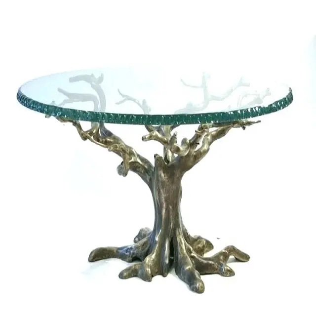 Mesa de Metal de vidrio con soporte de diseño de hojas de árbol, mesa elegante con diseño de color dorado