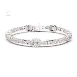 Exquisite Gold Tennis <b>Bracelet</b> Featuring Emerald Cut Centerpiece and Round Diamond Halo - Product Image 2