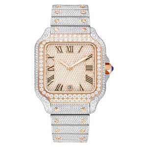 Montre en quartz rectangulaire de luxe sertie de diamants en moissanite, bracelet en acier inoxydable, cadran à chiffres romains, affichage de la date - Product Image 1