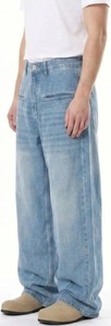 Jean en denim délavé foncé, décontracté, pour usage quotidien, écologique, résistant à la décoloration, en coton durable, bleu vieilli, coupe large, double couture - Product Image 2