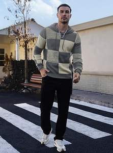 Pull à capuche pour homme, brodé, à carreaux, color-block, en tricot gaufré texturé, 100% coton, coupe oversize, décontracté, rétro - Product Image 5