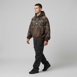 Sweat-shirt à capuche surdimensionné marron pour homme, imprimé gothique avec motif de croix et de crâne, pull épais, streetwear - Product Image 2
