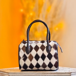 New Black White & Brown Soft Hair Fur Checkered Diamond Pattern <b>Hand</b> Tooled 100% Genuine Leather Material <b>Mini</b> Speedy Duffle Bag - Product Image 5