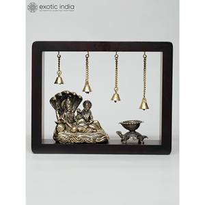 Lakshmi-Narayan Escultura de latón con marco de madera Colgante de pared 10 \ "Superfino sentado en Sheshnag con tortuga Diya - Product Image 4