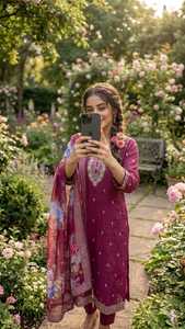 Ensemble Kurti en coton slub pour femmes, brodé, style indien pakistanais, avec dupatta fleuri, tenue ethnique décontractée - Product Image 5