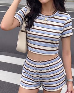 Women Striped 2 Piece Shorts Set Short Sleeve Crew Neck Tee Side Split Loose Fit Casual Daily Wear Spring Summer Cotton Knitted - Product Image 3