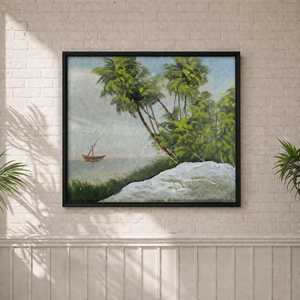 Peinture à l'huile sur toile, paysage tropical réaliste moderne, peinte à la main, scène estivale, palmiers, bateau, intérieur, ARTHUB SHILPA - Product Image 3