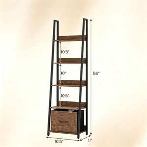 Scaffale a 5 livelli in legno e metallo con cassetti in tessuto, libreria industriale stretta con dispositivo anti-ribaltamento e protezione posteriore per bagno - Product Image 4