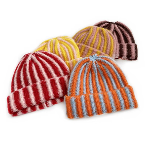 Nouveau style bonnet en tricot à rayures colorées en fausse fourrure pour hommes et femmes, chaud et épais, à revers, pour l'hiver - Product Image 1