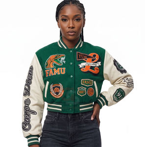 Unisex Green Varsity Jacket <b>Wool</b> Sleeves Embroidered Patch Designs Turn-down Collar Regular Fit Breathable Pullover Closure - Product Image 6