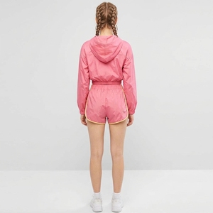 Hot <b>Sale</b> Women 2 Piece Pink Sporty Set Hooded Jacket High Waist Shorts Color Blocked Loose Fit <b>Spring</b> Summer Casual Wear - Product Image 2