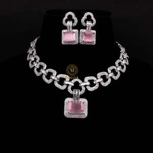 Athena Pastel Pink Designer Necklace & Earring <b>Set</b>-Gold Plated Zircon & <b>Pearl</b> Festival Wedding <b>Jewelry</b> - Product Image 2