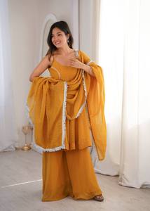 Ensemble Kurta et pantalon traditionnel indien pakistanais en rayonne jaune pour femme, coupe ample longueur cheville avec dupatta pour Diwali - Product Image 5