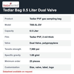 Sac d'échantillonnage de gaz TECHINSTRO Tedlar 0,5 litre avec film PVF et double valve, étanche pour l'échantillonnage d'air, de COV et de gaz du sol - Product Image 6