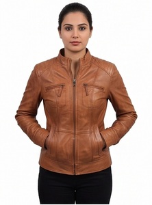 Veste en cuir marron clair pour femme, col montant, multi-zips, style motard, coupe ajustée, fournisseur en gros - Product Image 5