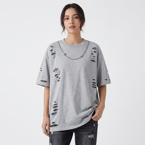 T-shirt Homme Oversize Effet Vieilli Personnalisé Streetwear Déchiré 100% Coton Tricoté Formel Manches Courtes Vente en Gros OEM ODM - Product Image 5