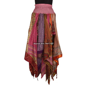 DS034 Urban Tribal Dance Assorted <b>Skirt</b> Flowy <b>Patchwork</b> <b>Skirt</b> Bohemian Long Maxi <b>Skirt</b> Recycle Sari Scrap <b>Skirt</b> Handkerchief - Product Image 1