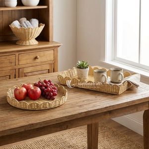Eco-Friendly Modern Scalloped Rattan Serving Tray Wicker Decorative <b>Basket</b> Natural Finish Home Restaurant Dining <b>Table</b> - Product Image 4