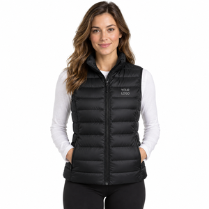 Women's <b>Black</b> Puffer <b>Vest</b> Solid Color Zipper Front Stand Collar Windproof Casual Outerwear OEM Service - Product Image 1